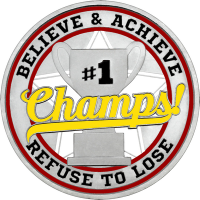 Yellow "Champs!" with Maroon Outer Circular Borders
